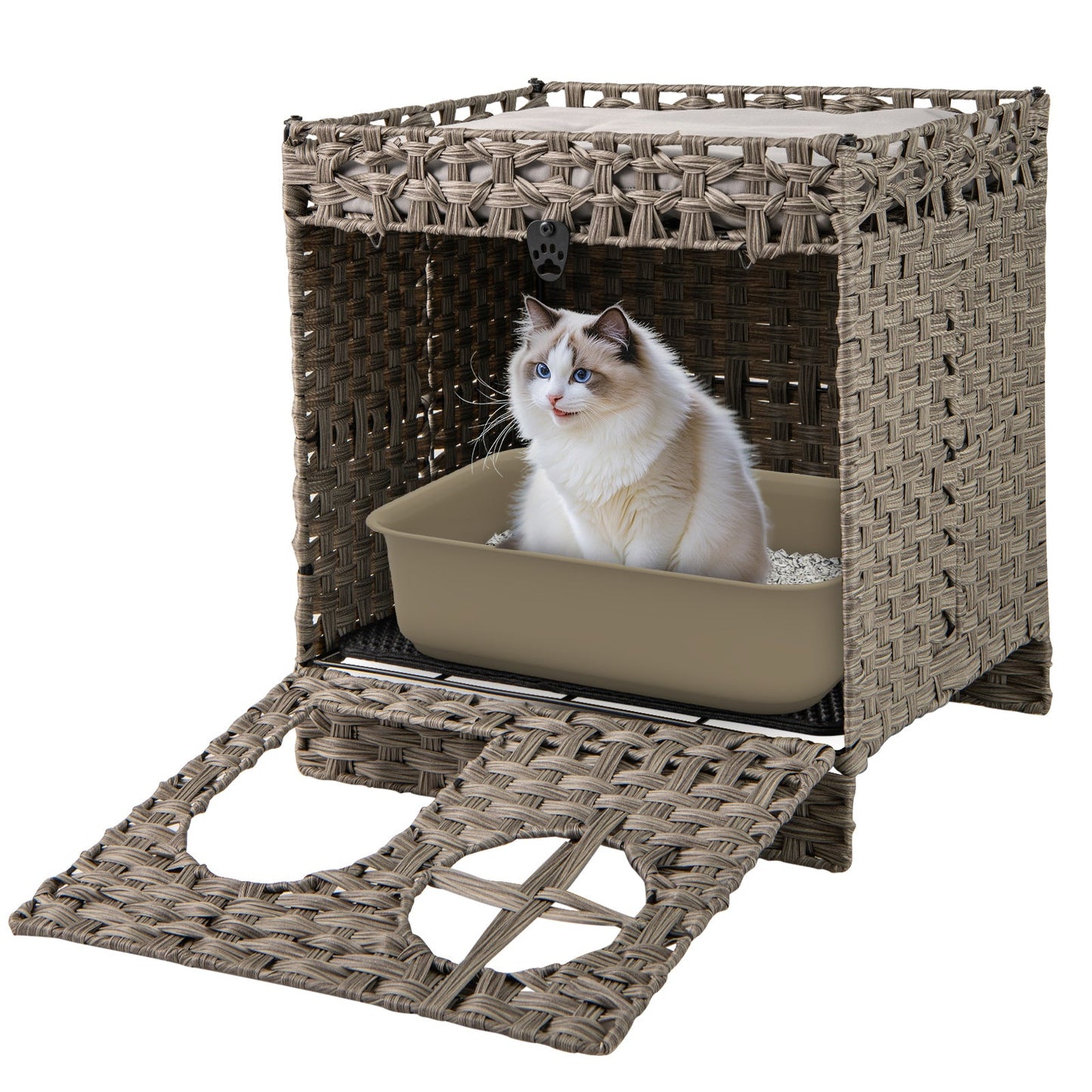 Cat Litter Box Enclosure 2-Tier Rattan Cabinet with Mat Gray - Detail Angle 4 | Majestic Pet Kingdom