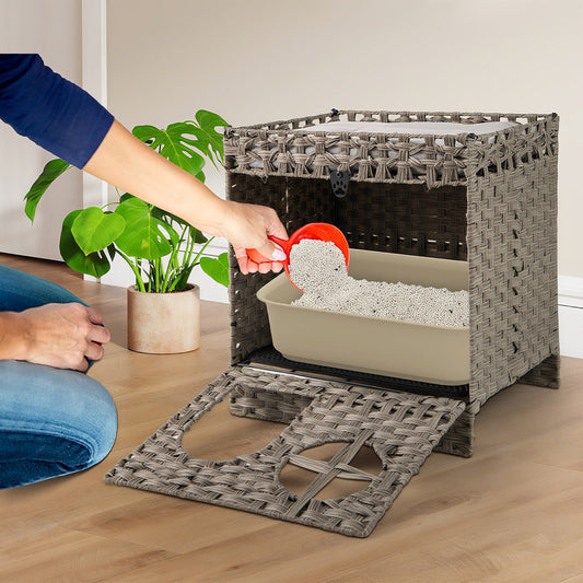 Foldable 2-tier Rattan Cat Litter Box Enclosure with Litter Mat-Grey | Purrfect Pet Kingdom