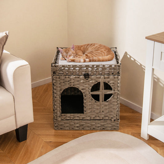 Foldable 2-tier Rattan Cat Litter Box Enclosure with Litter Mat-Grey | Purrfect Pet Kingdom