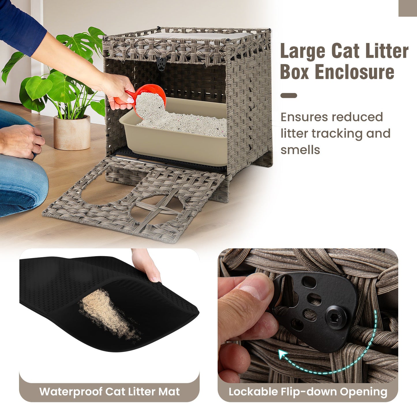 Cat Litter Box Enclosure 2-Tier Rattan Cabinet with Mat Gray - Detail Angle 7 | Majestic Pet Kingdom