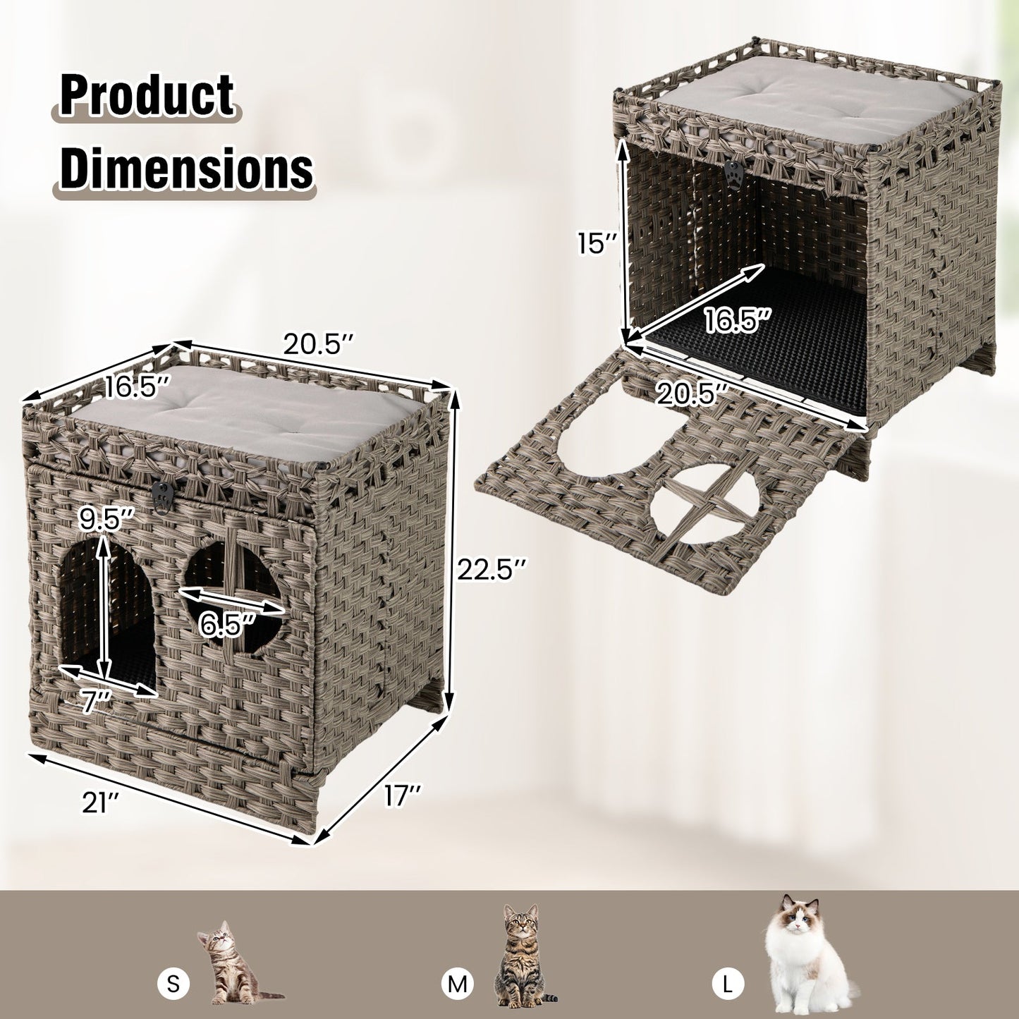 Cat Litter Box Enclosure 2-Tier Rattan Cabinet with Mat Gray - Detail Angle 5 | Majestic Pet Kingdom