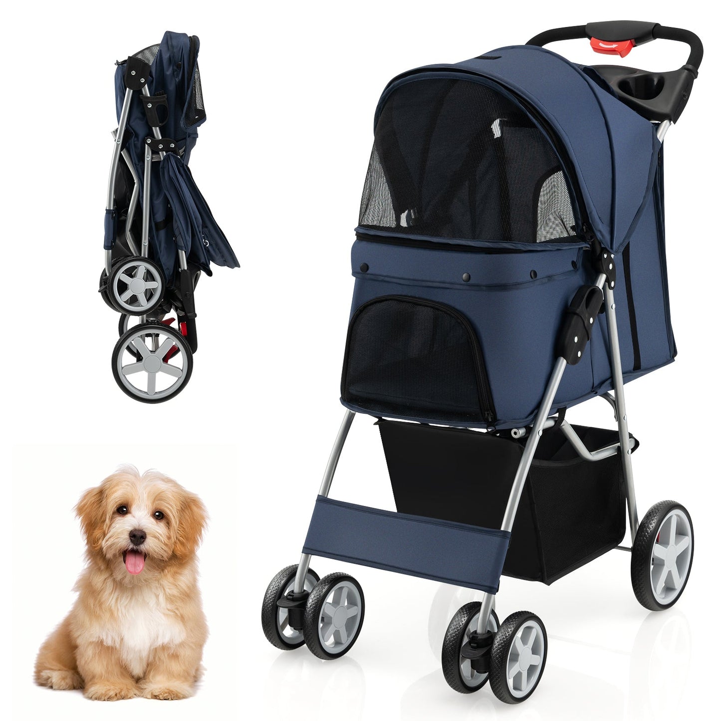 Folding Pet Stroller with Storage Basket and Adjustable Canopy
