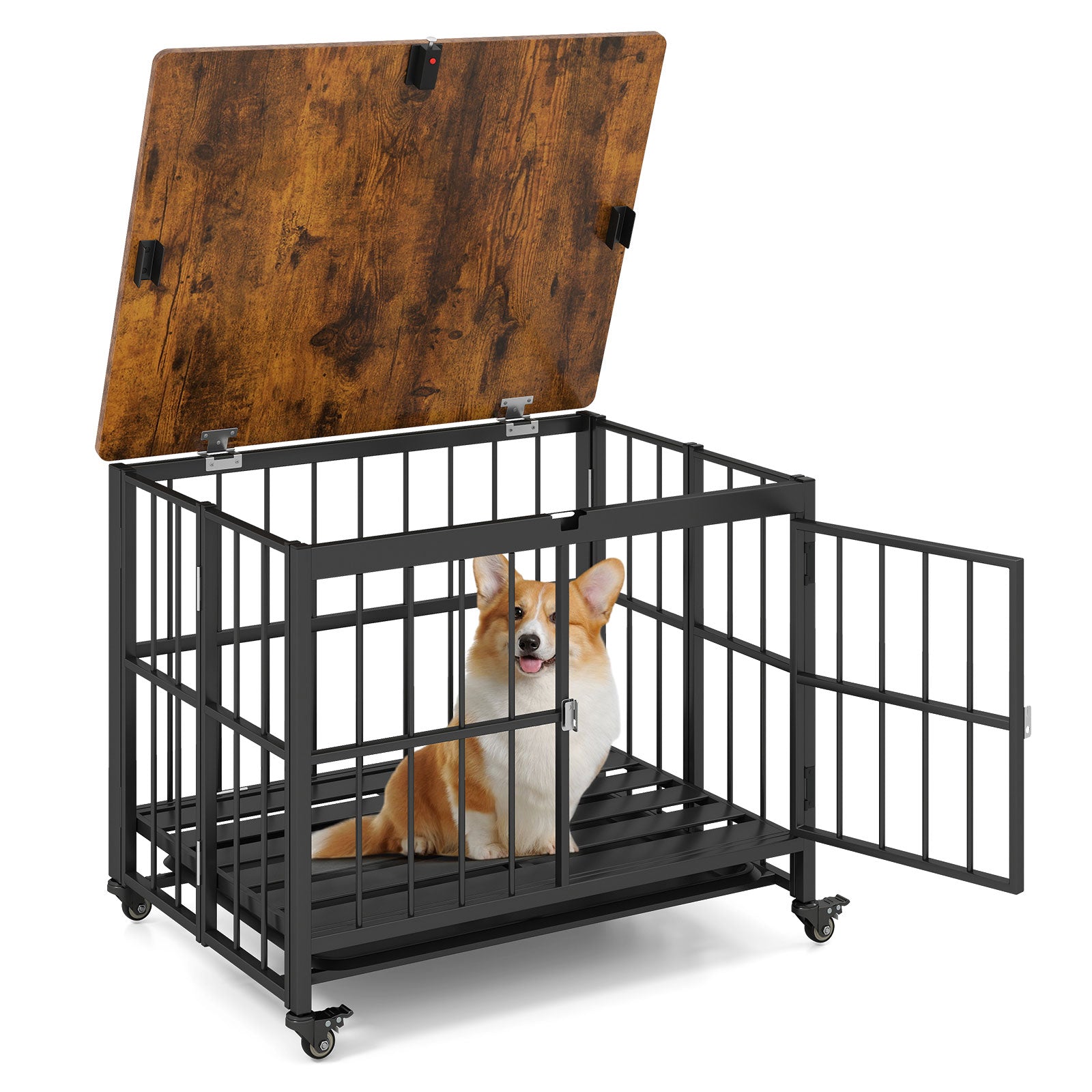 Dog Crate Furniture Foldable Wooden Kennel with Metal Tray - Detail Angle 6 | Majestic Pet Kingdom