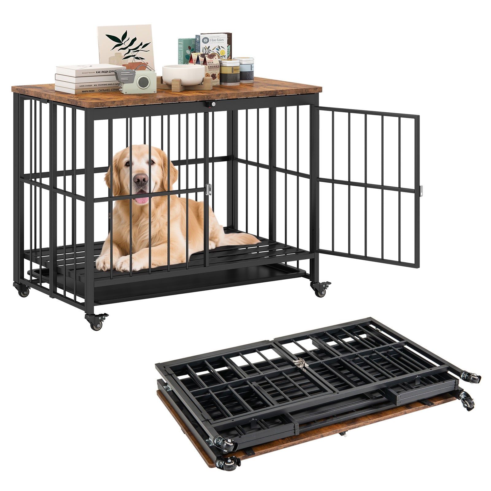 Foldable Dog Crate Furniture with Removable Tray and Lockable Door - Majestic Pet Kingdom