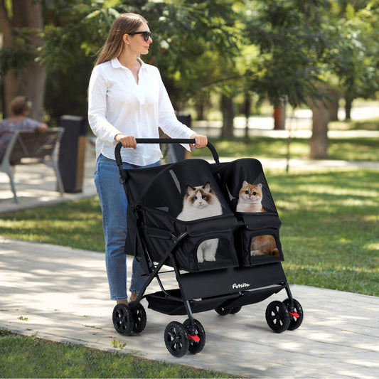 Double Pet Stroller Foldable Dual Carrier Storage Basket Set - Main Feature View | Majestic Pet Kingdom