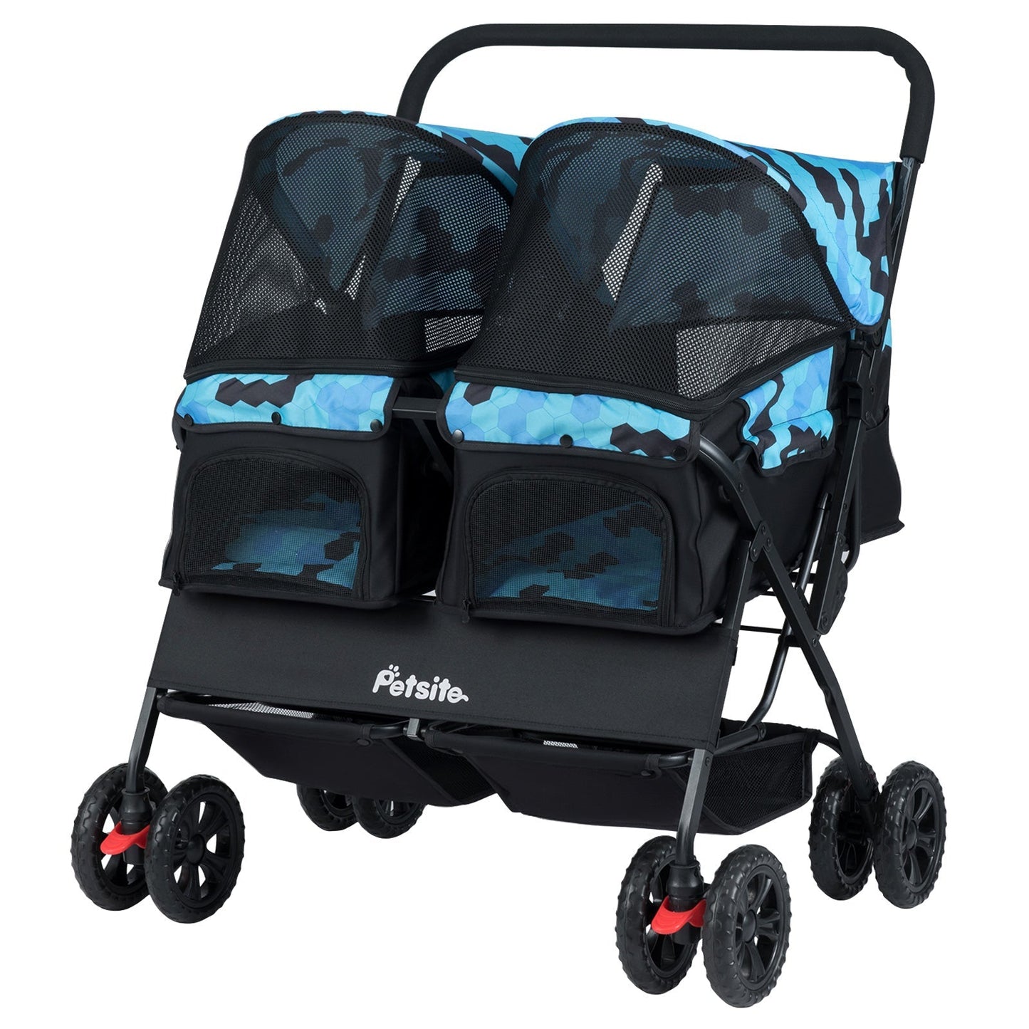 Foldable Double Pet Stroller with Adjustable Sunshade and Storage Basket