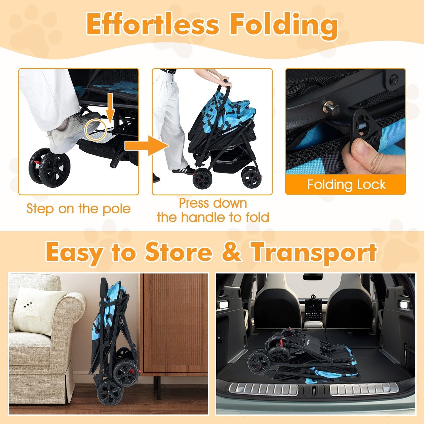 Foldable Double Pet Stroller with Adjustable Sunshade and Storage Basket