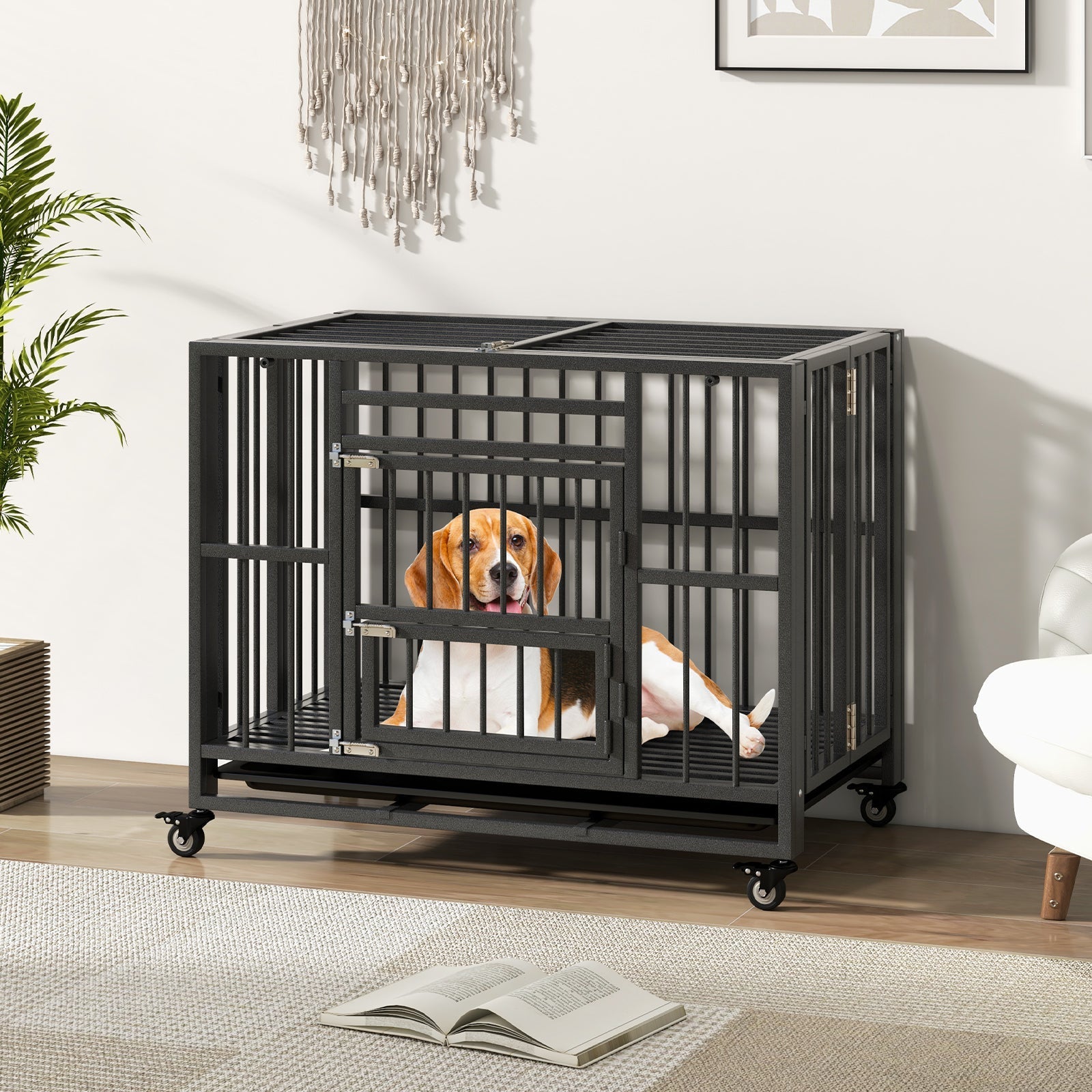 Foldable Heavy-Duty Metal Dog Cage Chew-proof Dog Crate with Lockable Universal Wheels - Majestic Pet Kingdom