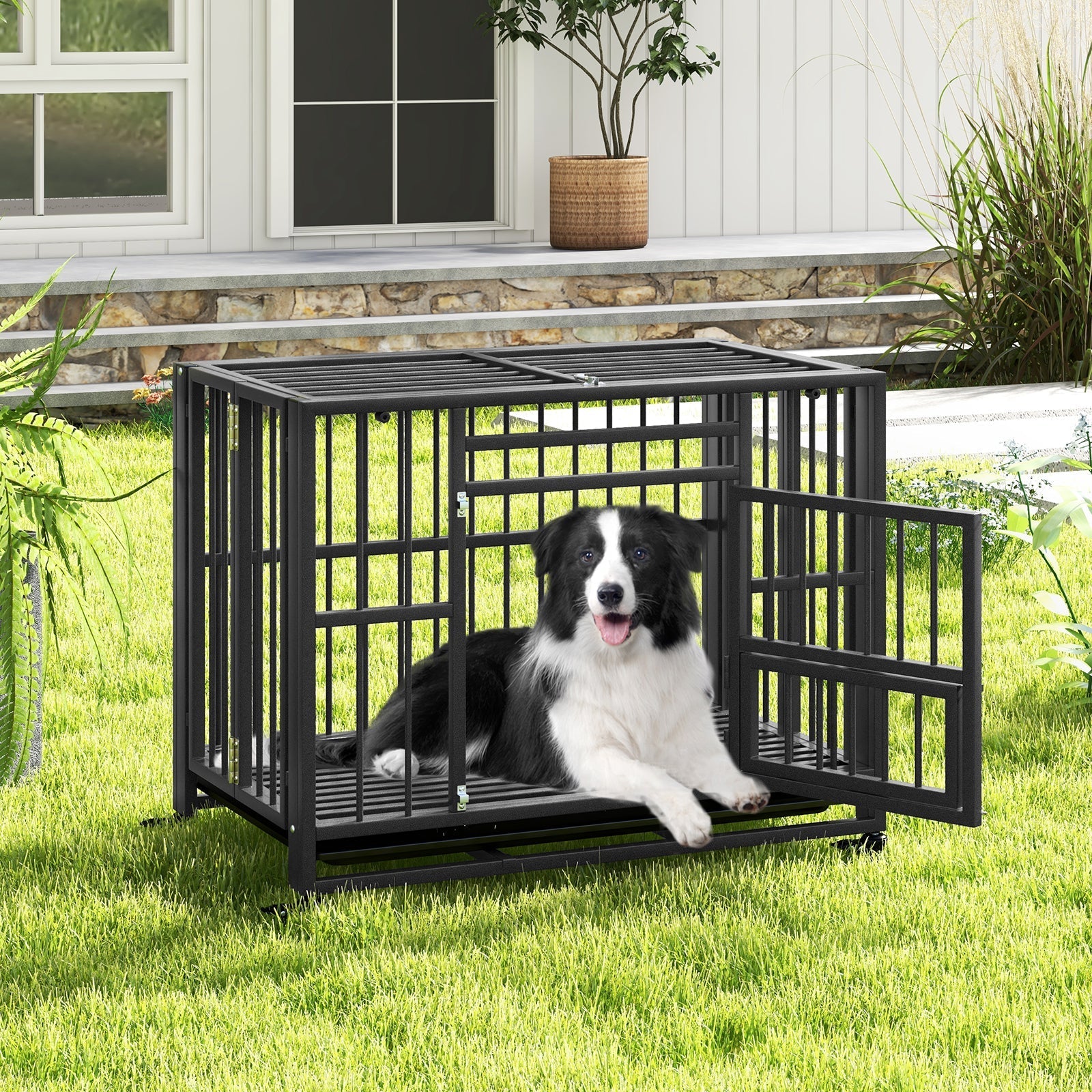 Foldable Heavy-Duty Metal Dog Cage Chew-proof Dog Crate with Lockable Universal Wheels - Majestic Pet Kingdom