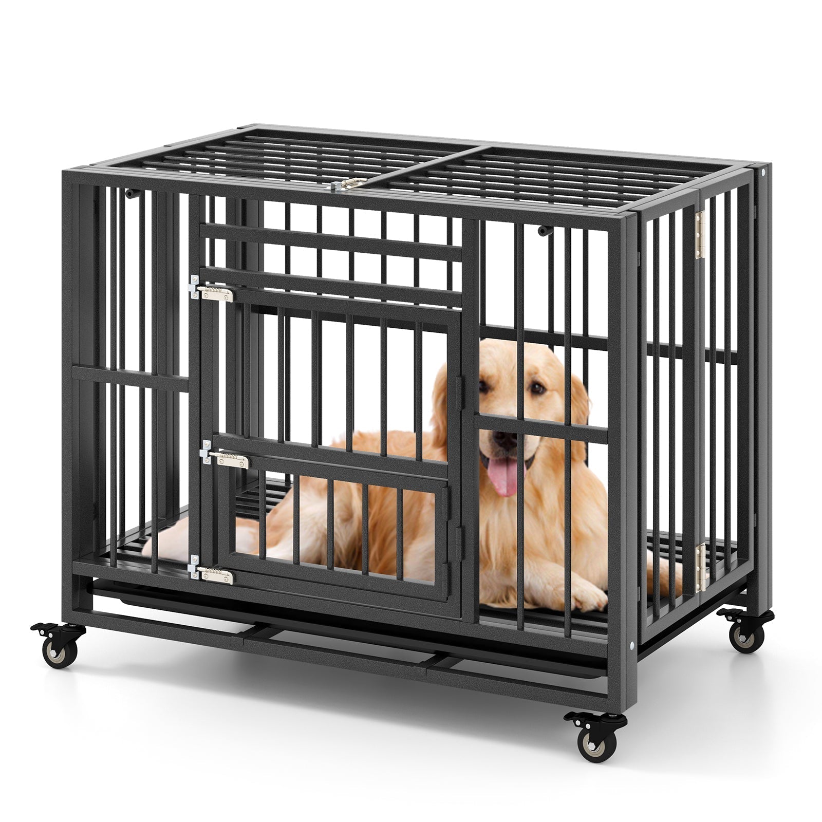 Foldable Heavy-Duty Metal Dog Cage Chew-proof Dog Crate with Lockable Universal Wheels - Majestic Pet Kingdom