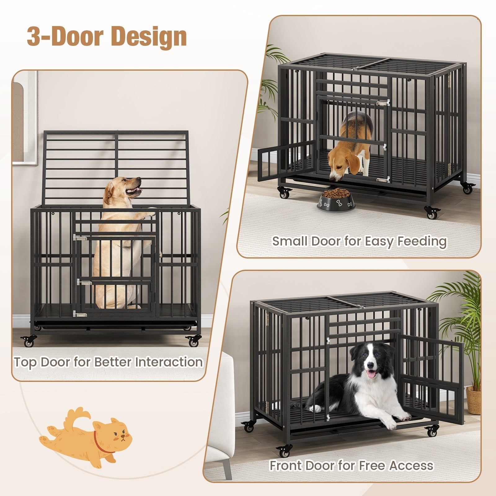 Foldable Heavy-Duty Metal Dog Cage Chew-proof Dog Crate with Lockable Universal Wheels - Majestic Pet Kingdom