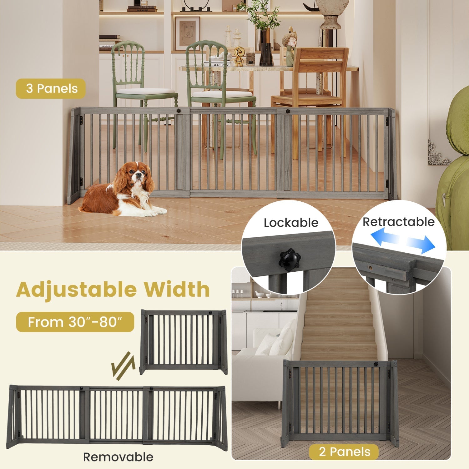 Adjustable 3-Panel Wood Pet Gate - Foldable Dog Fence