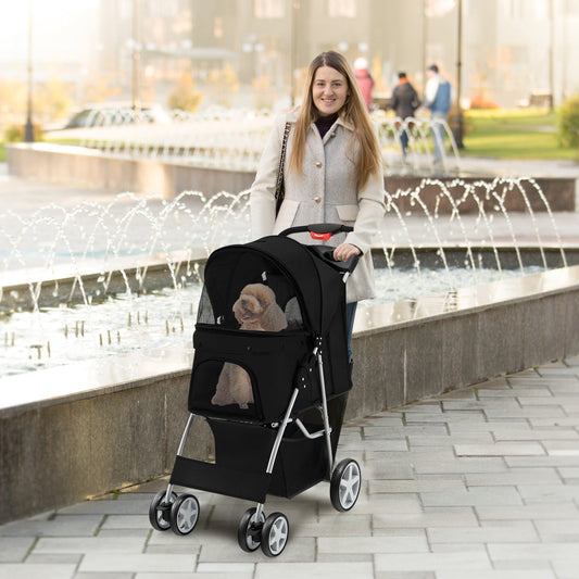 Pet Stroller Foldable Travel Jogger Storage Basket Canopy - Main Feature View | Majestic Pet Kingdom