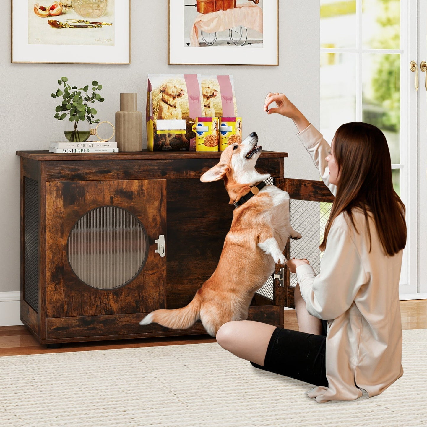 Furniture Style Dog Crate for Small and Medium Dogs with Translucent Window and Lockable Door-Rustic Brown | Purrfect Pet Kingdom