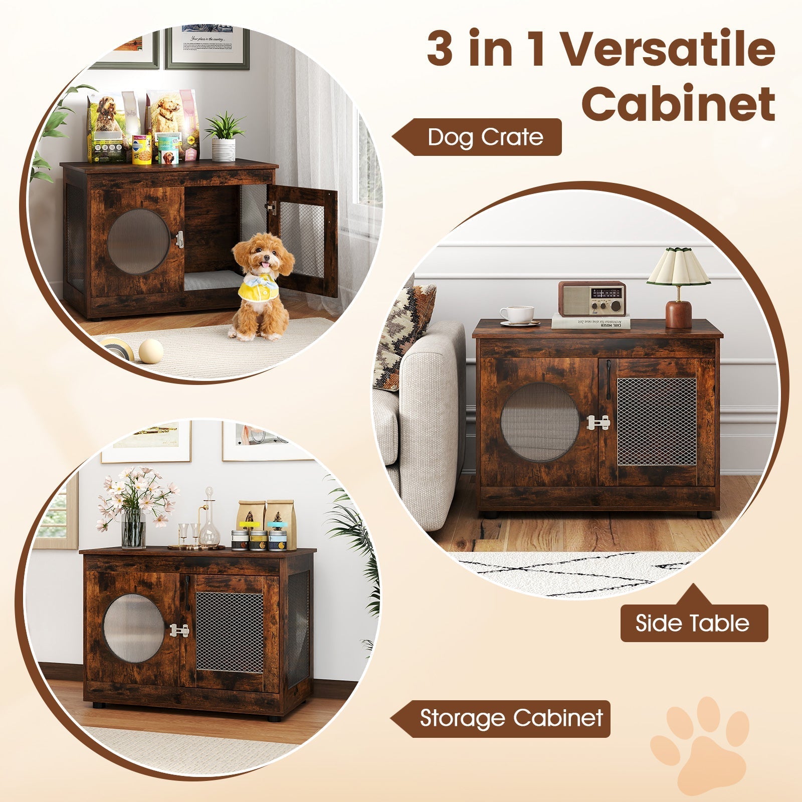 Furniture Style Dog Crate for Small and Medium Dogs with Translucent Window and Lockable Door-Rustic Brown