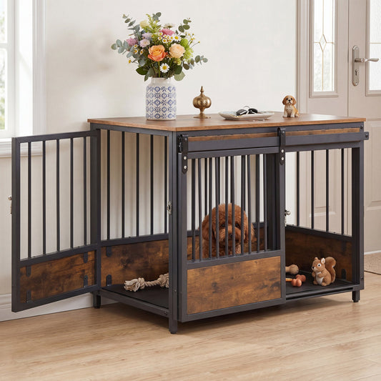 Dog Crate Furniture with Sliding Barn Door and Mat | Purrfect Pet Kingdom