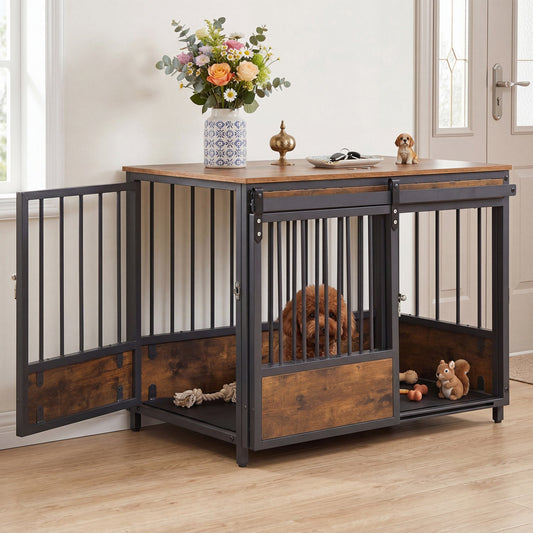 Dog Crate Furniture with Sliding Barn Door and Mat | Purrfect Pet Kingdom