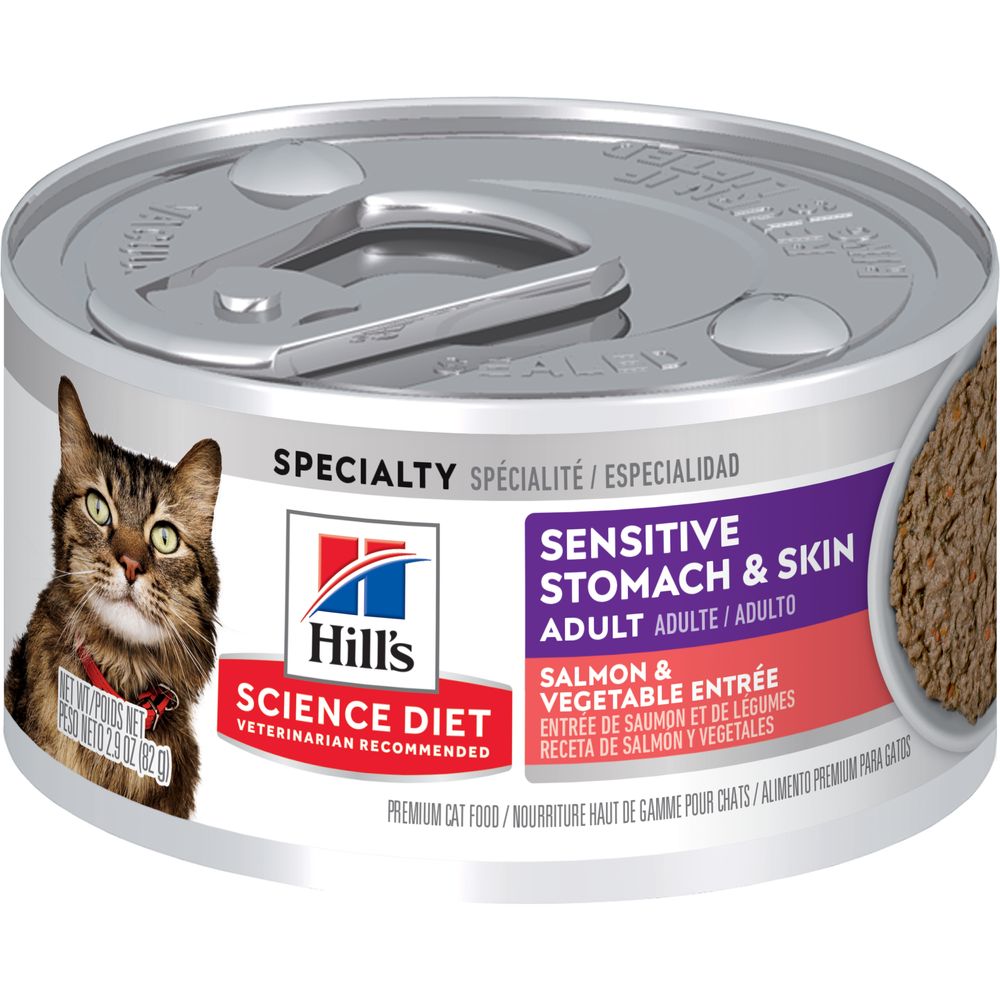 Hill's Science Diet Adult Sensitive Stomach & Skin Salmon & Vegetable Entrée Cat Food (2.9oz) - Majestic Pet Kingdom