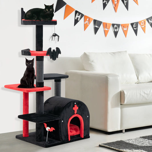 Gothic Cat Tree 53 Inch Tall Cat Tower with Cat Bed and Arch-Shaped Condo-Black | Purrfect Pet Kingdom