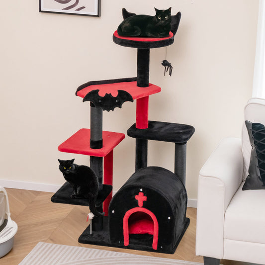 Gothic Cat Tree 53 Inch Tall Cat Tower with Cat Bed and Arch-Shaped Condo-Black | Purrfect Pet Kingdom