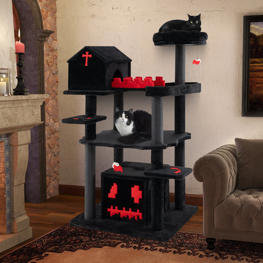 Gothic Cat Tree 49 Inch Tall Cat Tower 6-Tier Cat Activity Center with Coffin Bed-Black | Purrfect Pet Kingdom