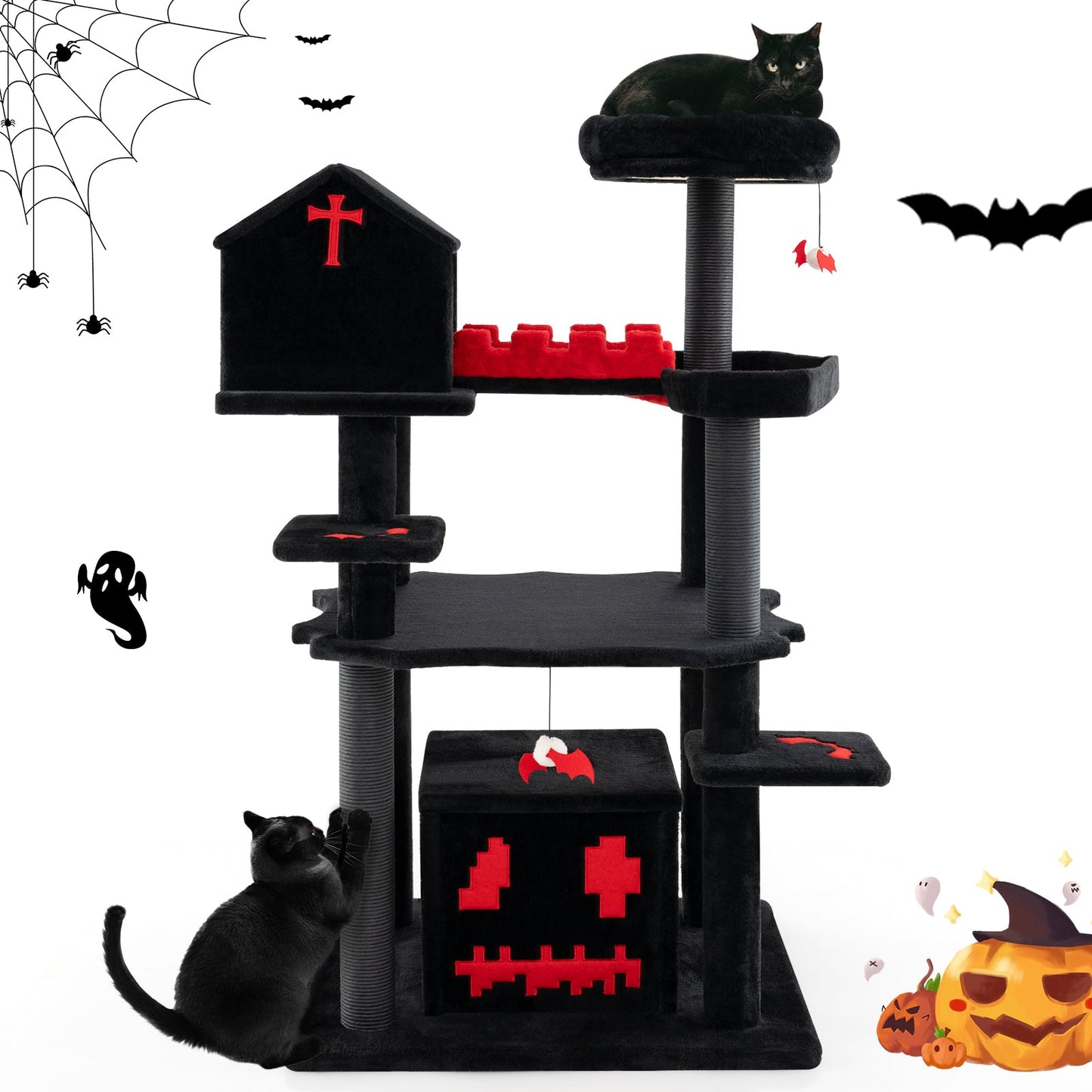 Cat Tree Gothic 49-Inch 6-Tier Activity Tower Coffin Bed Black - Detail Angle 4 | Majestic Pet Kingdom