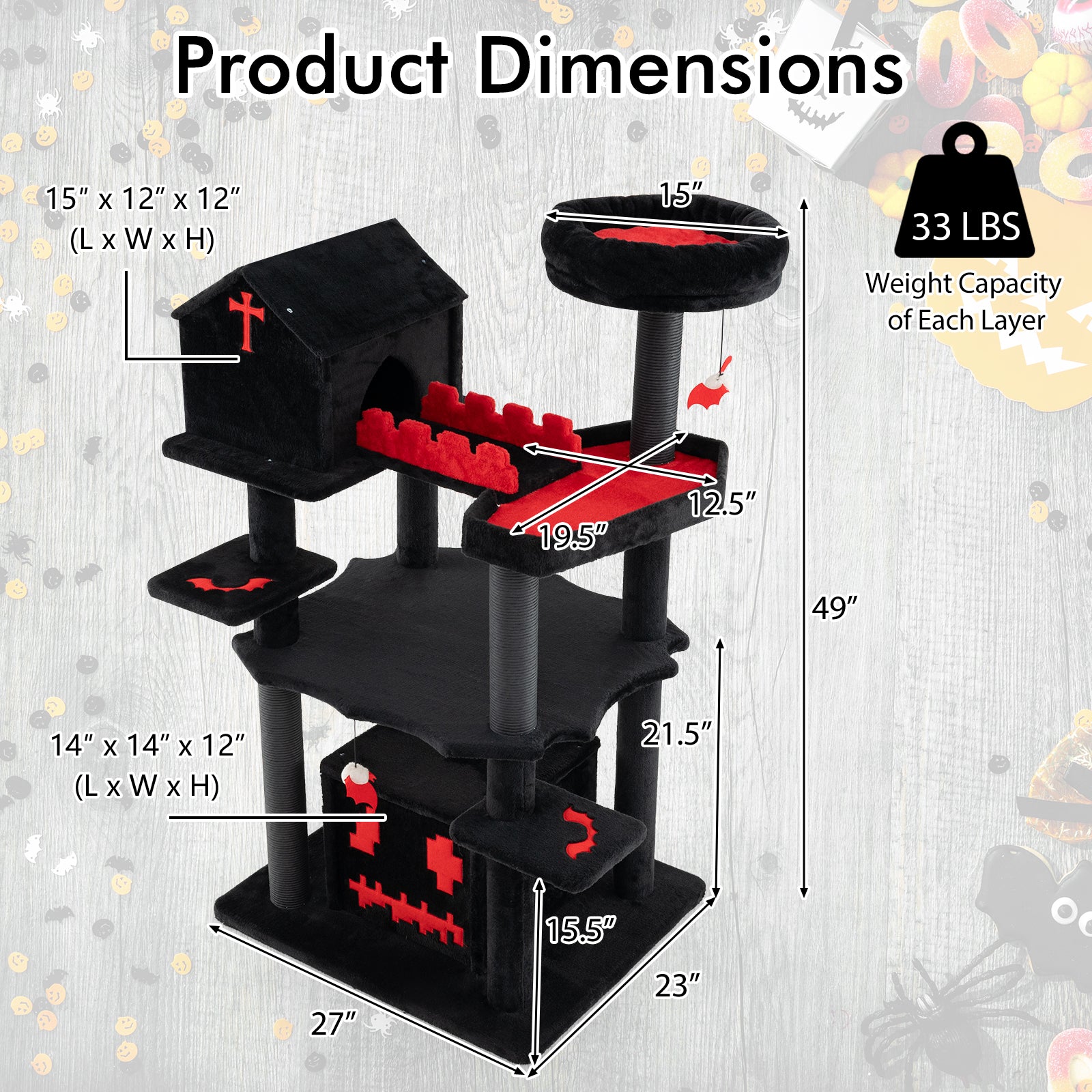 Cat Tree Gothic 49-Inch 6-Tier Activity Tower Coffin Bed Black - Detail Angle 5 | Majestic Pet Kingdom
