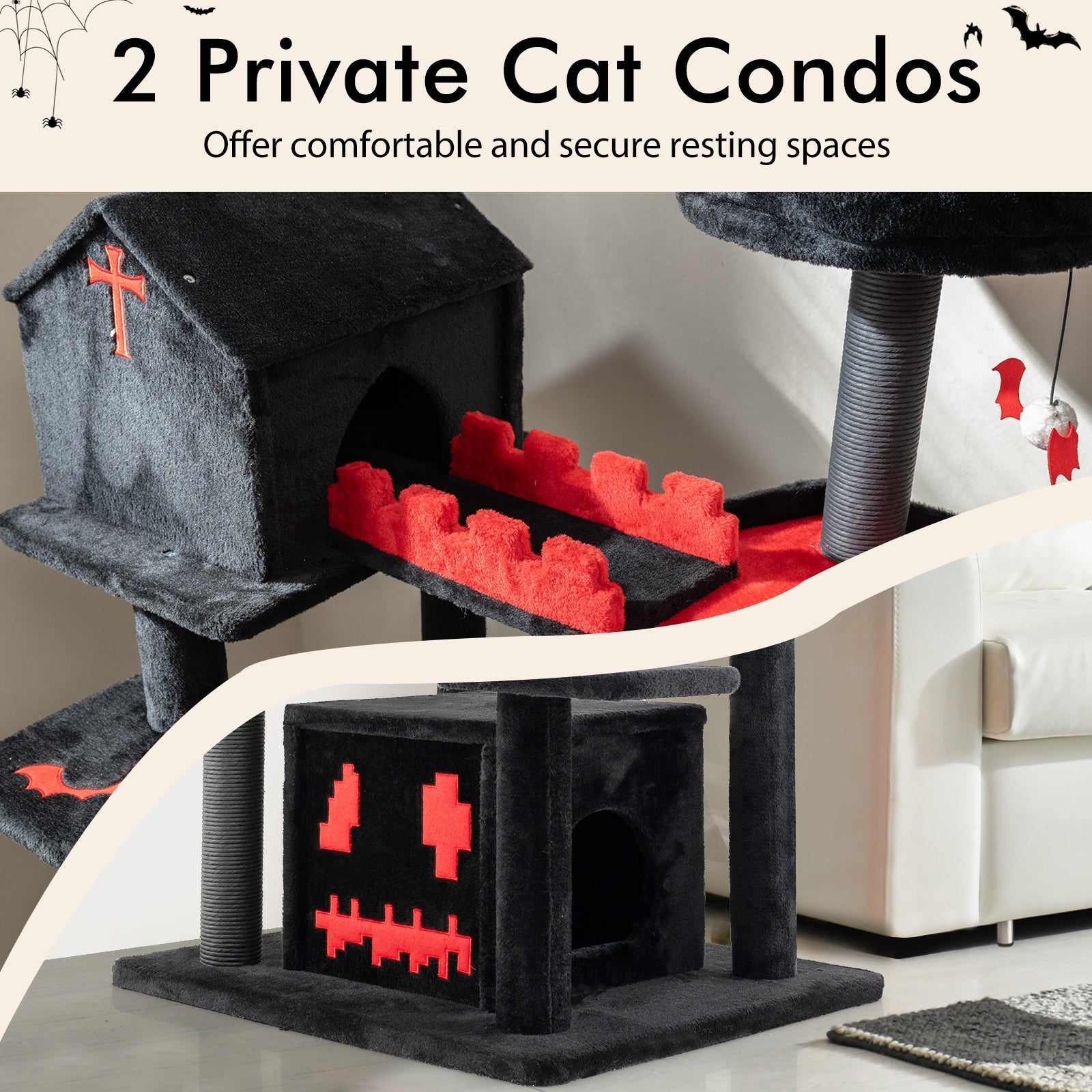 Cat Tree Gothic 49-Inch 6-Tier Activity Tower Coffin Bed Black - Detail Angle 6 | Majestic Pet Kingdom
