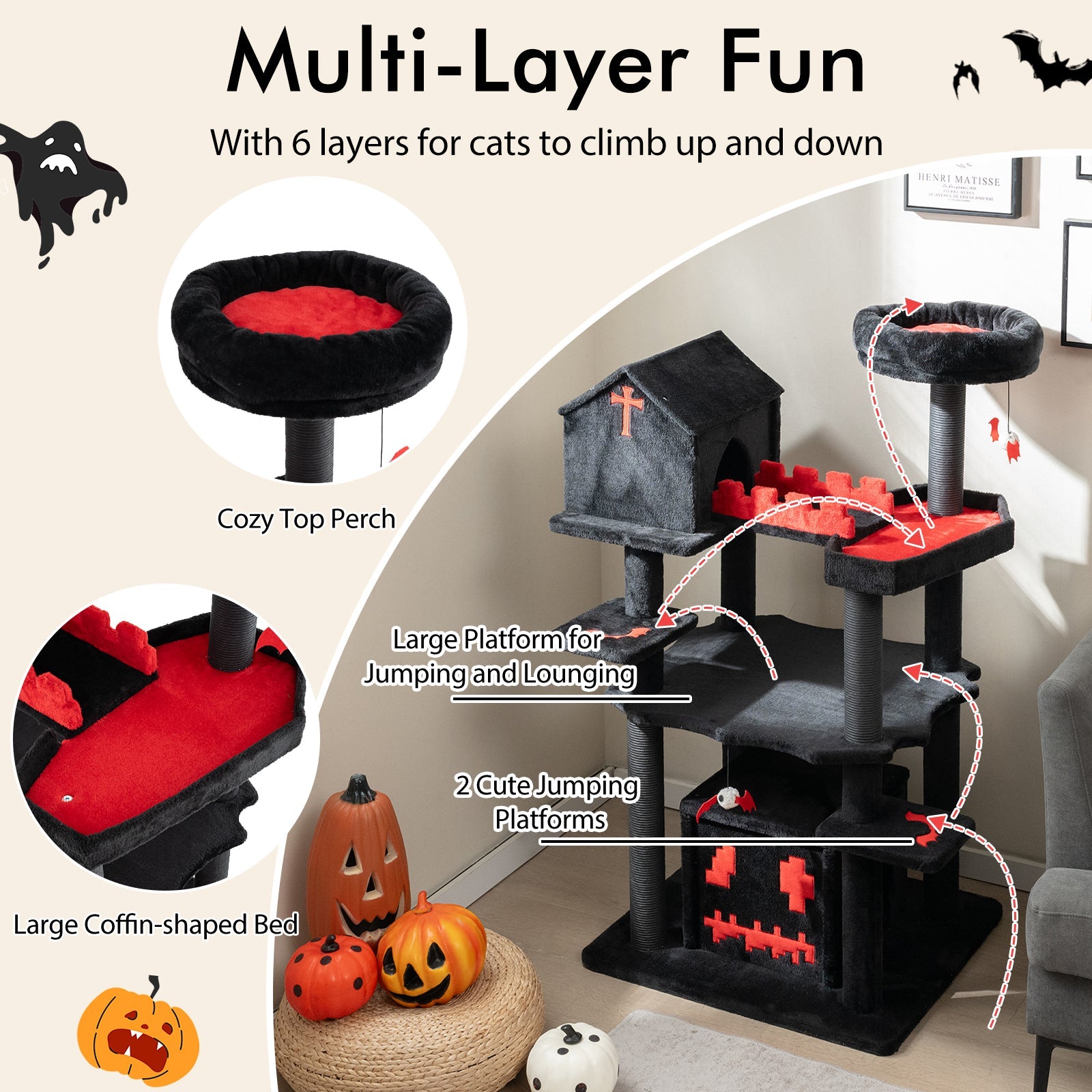 Cat Tree Gothic 49-Inch 6-Tier Activity Tower Coffin Bed Black - Detail Angle 7 | Majestic Pet Kingdom