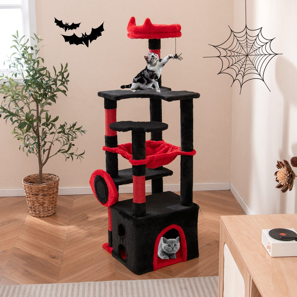 Gothic Cat Tree with Plush Perch and Spider Dangling Toy-Black & Red - Majestic Pet Kingdom