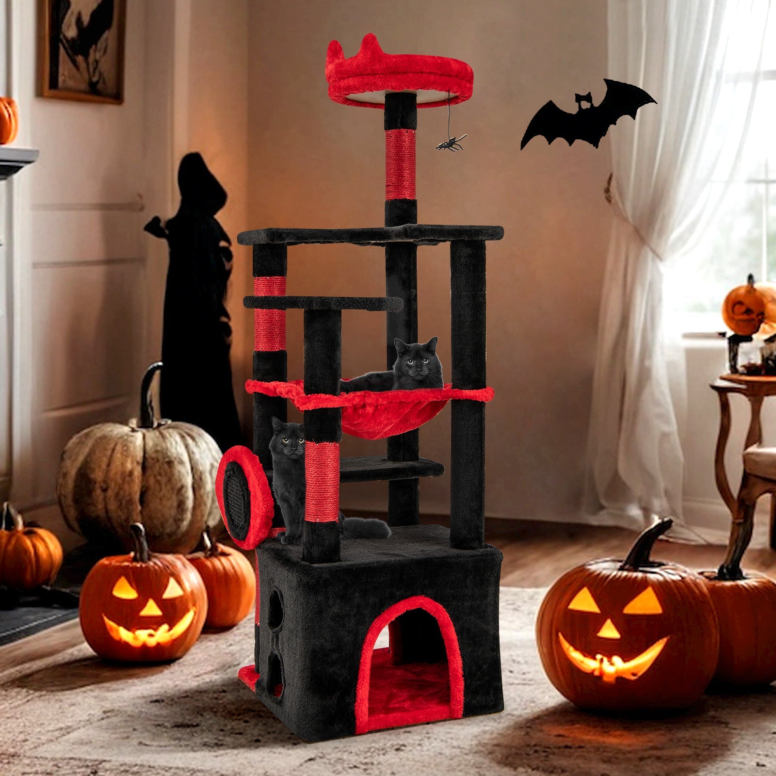 Gothic Cat Tree with Plush Perch and Spider Dangling Toy-Black & Red - Majestic Pet Kingdom