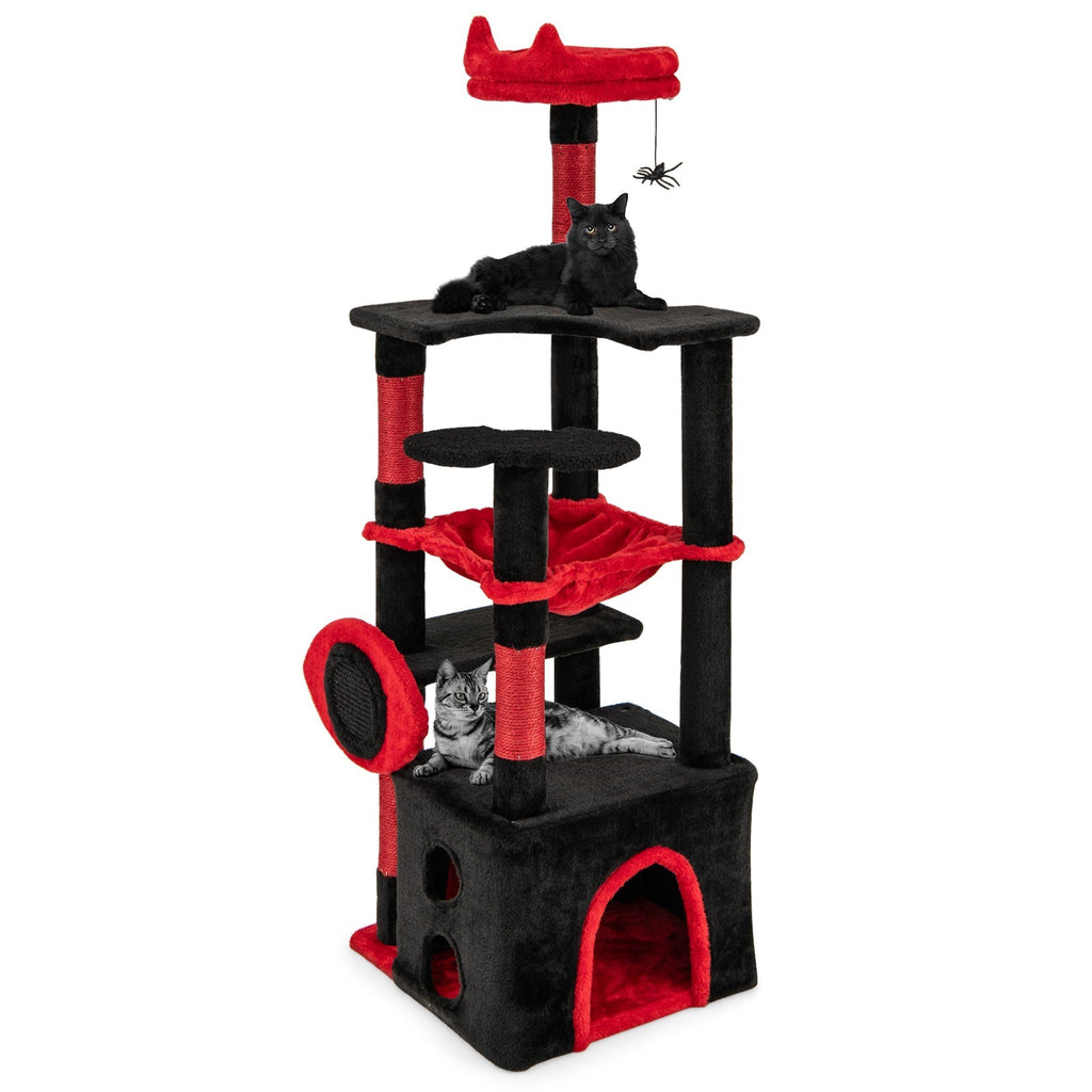 Gothic Cat Tree with Plush Perch and Spider Dangling Toy-Black & Red - Majestic Pet Kingdom