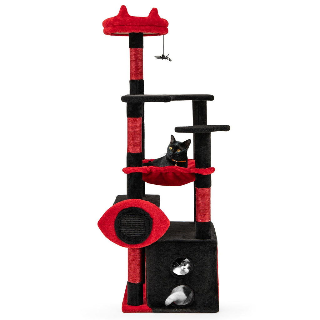 Gothic Cat Tree with Plush Perch and Spider Dangling Toy-Black & Red - Majestic Pet Kingdom