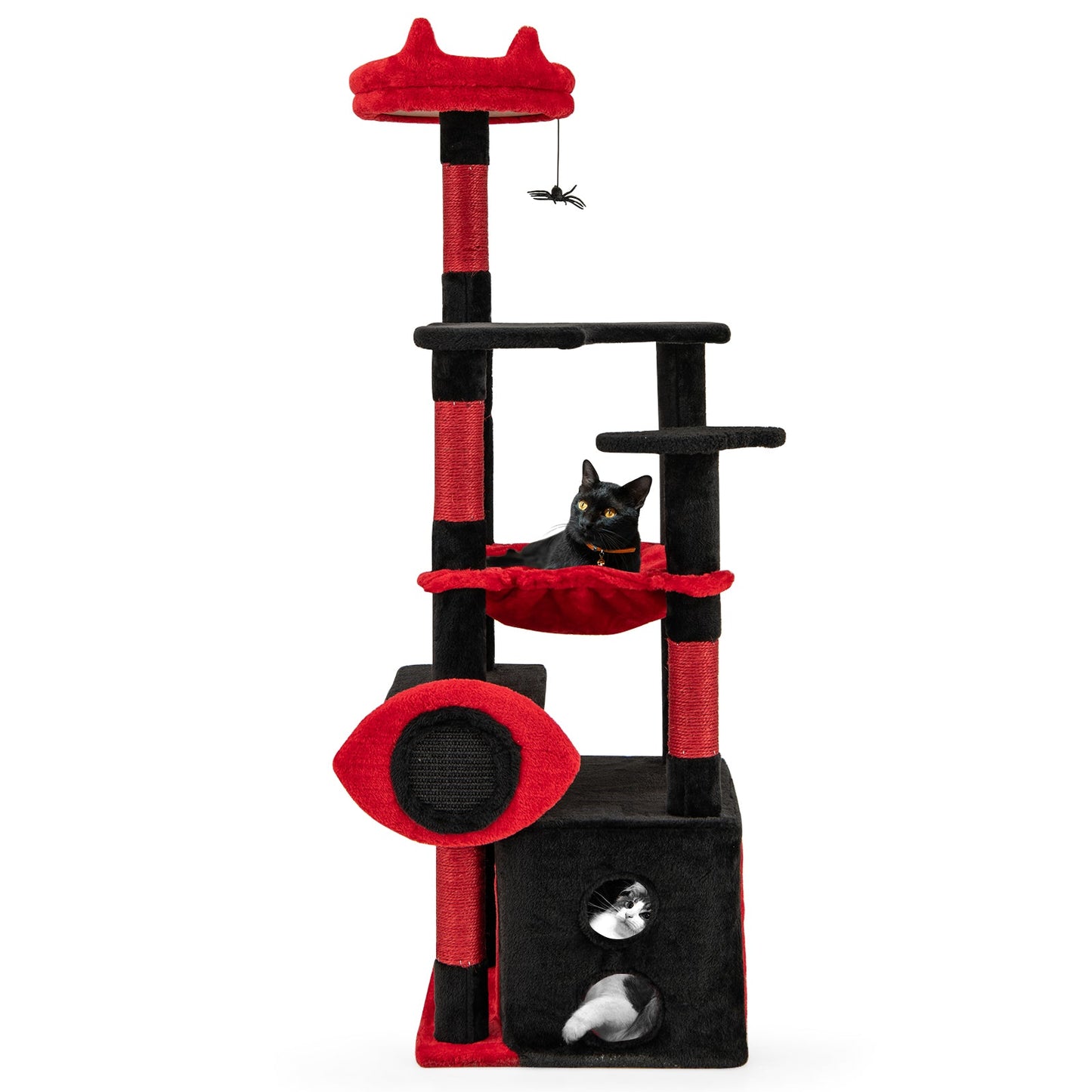 Cat Tree Gothic Tower Plush Perch Spider Toy Black and Red - Detail Angle 4 | Majestic Pet Kingdom