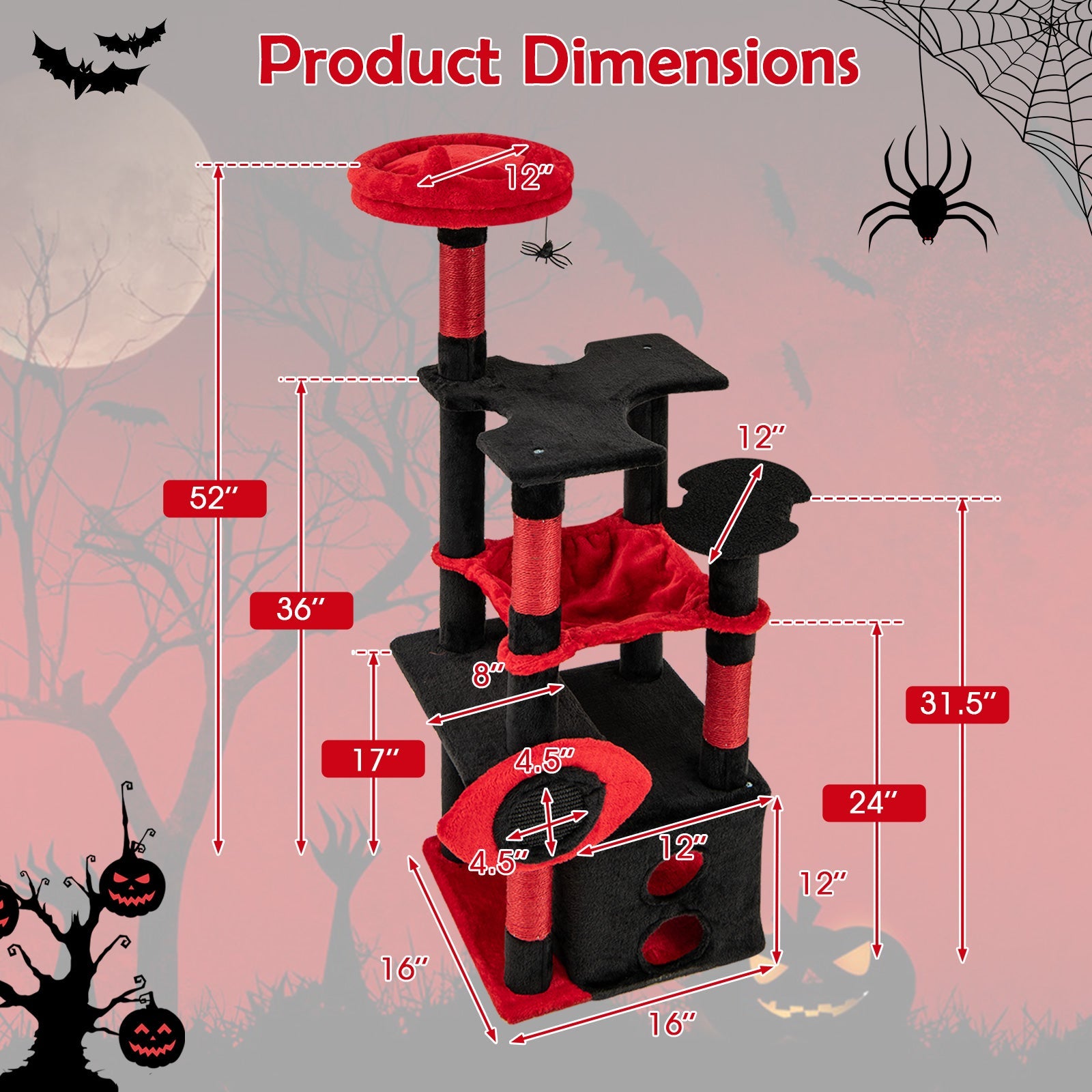 Gothic Cat Tree with Plush Perch and Spider Dangling Toy-Black & Red - Majestic Pet Kingdom