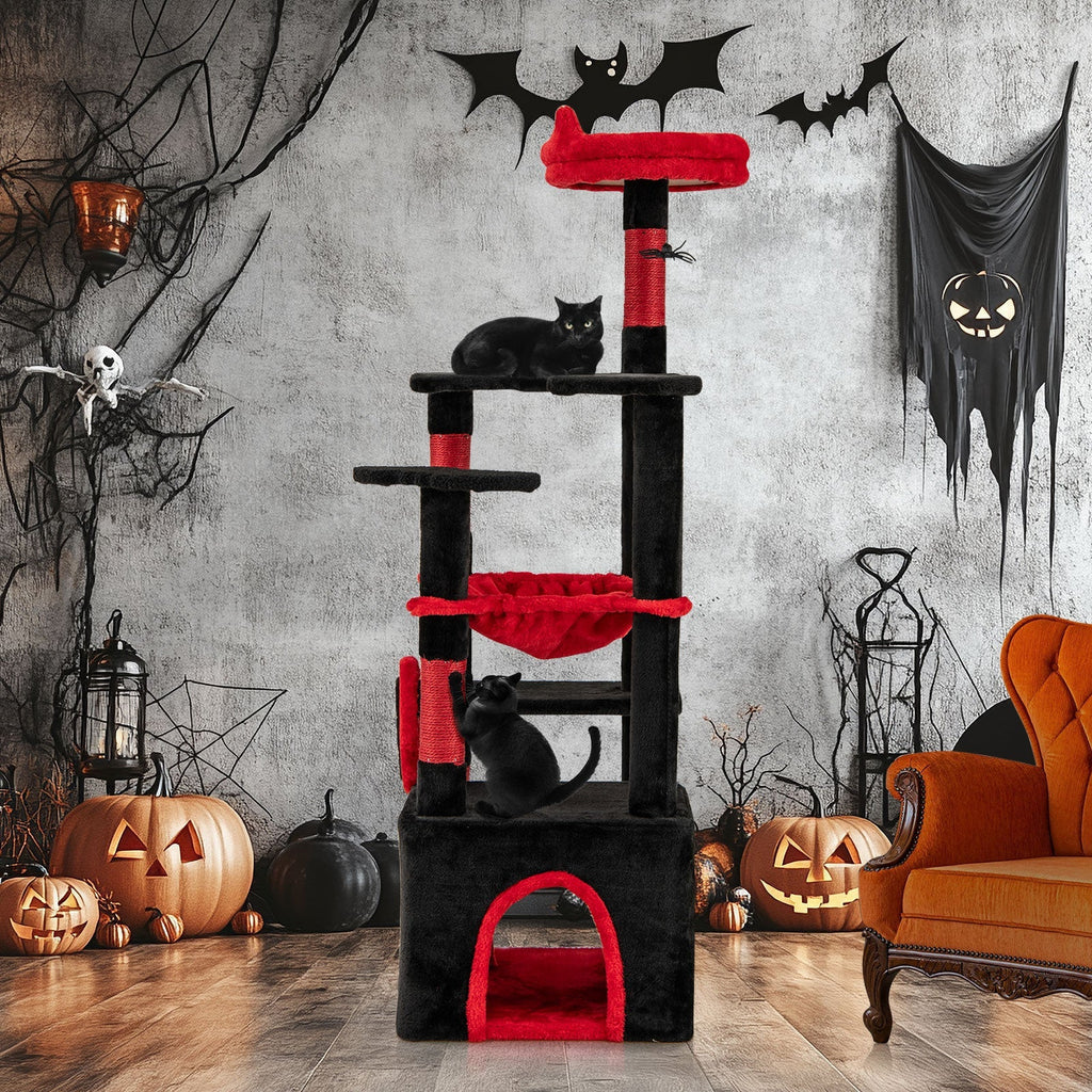 Gothic Cat Tree with Plush Perch and Spider Dangling Toy-Black & Red - Majestic Pet Kingdom