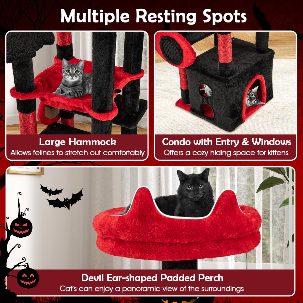 Gothic Cat Tree with Plush Perch and Spider Dangling Toy-Black & Red - Majestic Pet Kingdom