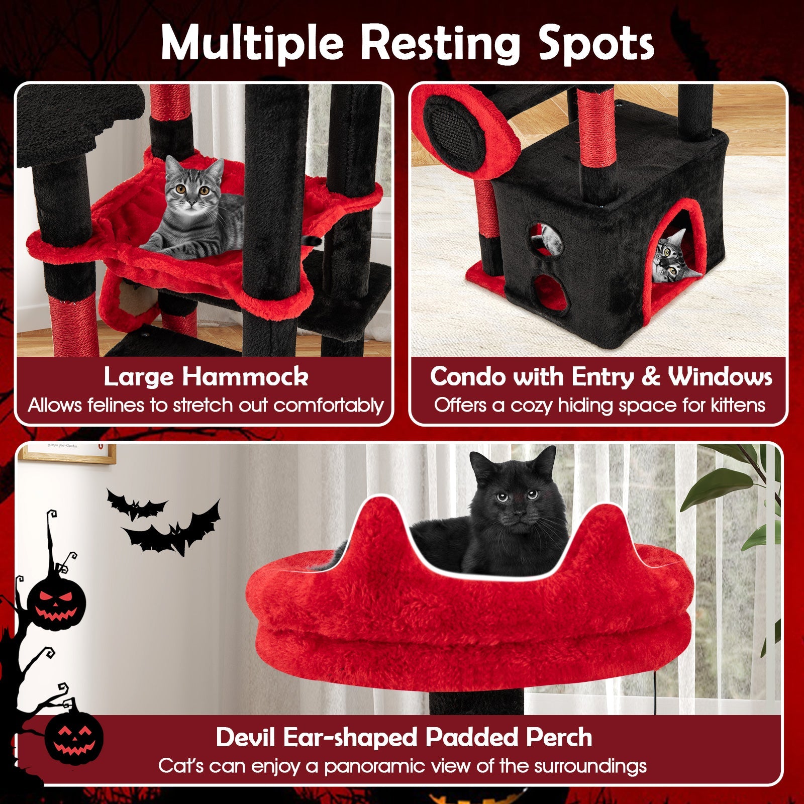 Gothic Cat Tree with Plush Perch and Spider Dangling Toy-Black & Red - Majestic Pet Kingdom