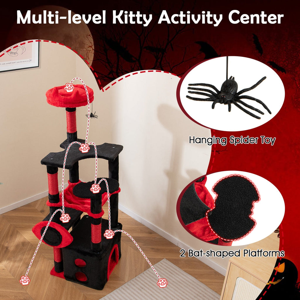 Gothic Cat Tree with Plush Perch and Spider Dangling Toy-Black & Red - Majestic Pet Kingdom
