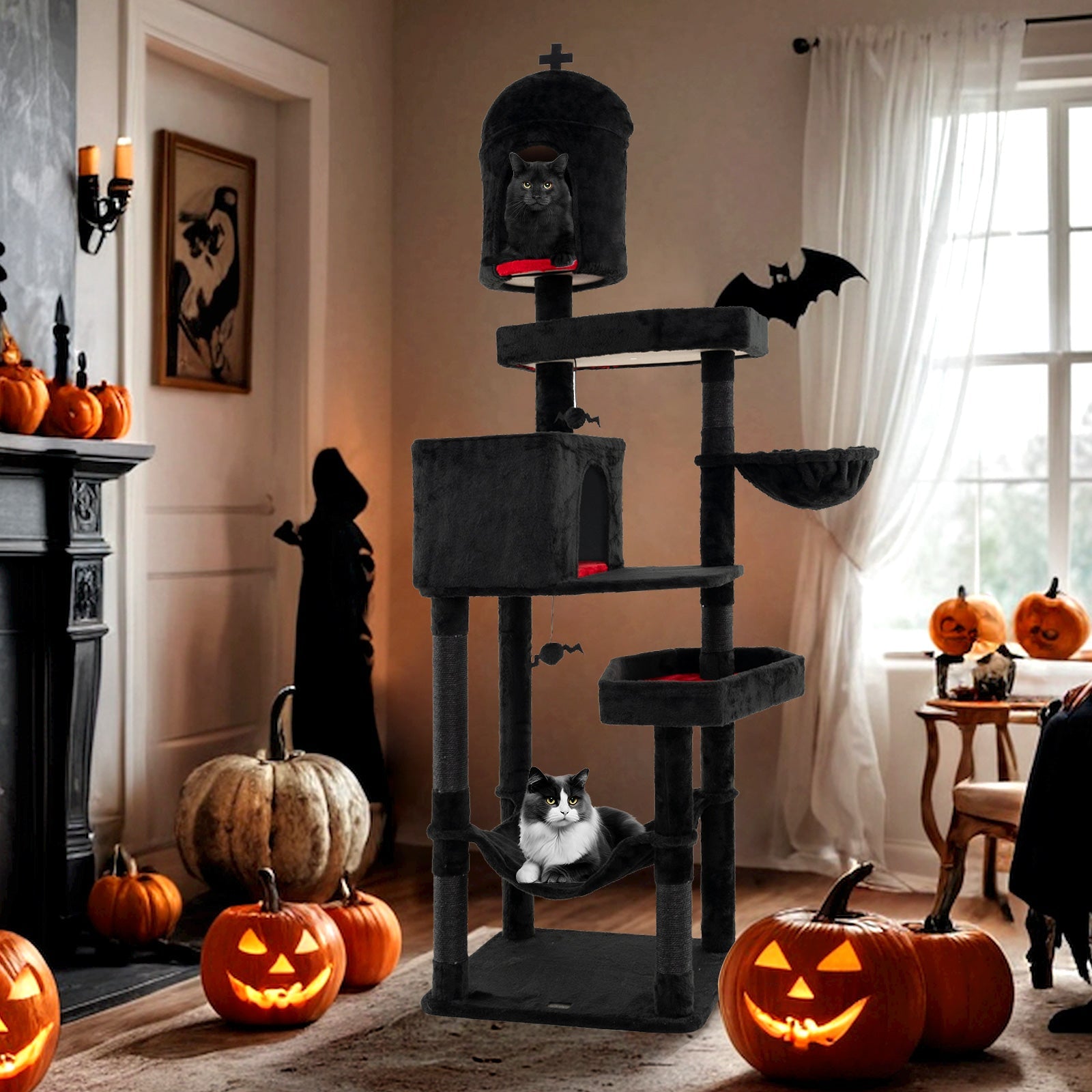 Gothic Cat Tree with 2 Cat Condos and Coffin Bed for Indoor Cats-Black - Majestic Pet Kingdom