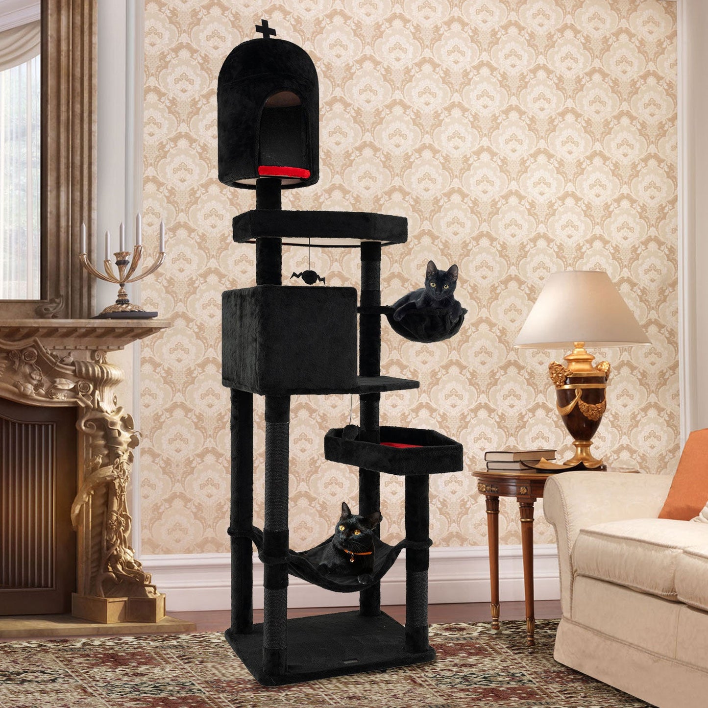 Cat Tree Gothic Tower 2 Condos and Coffin Bed Black Plush - Detail Angle 2 | Majestic Pet Kingdom
