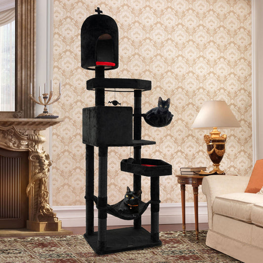 Gothic Cat Tree with 2 Cat Condos and Coffin Bed for Indoor Cats-Black - Majestic Pet Kingdom