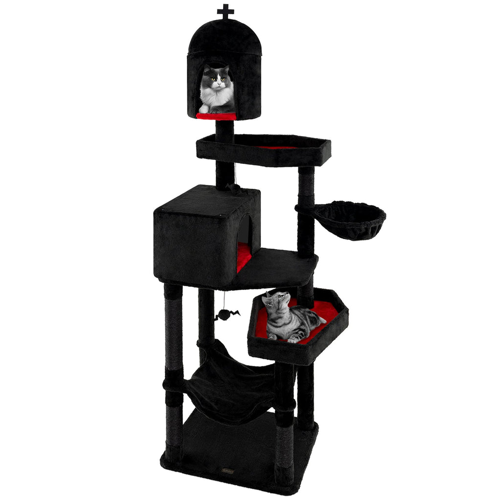 Gothic Cat Tree with 2 Cat Condos and Coffin Bed for Indoor Cats-Black - Majestic Pet Kingdom