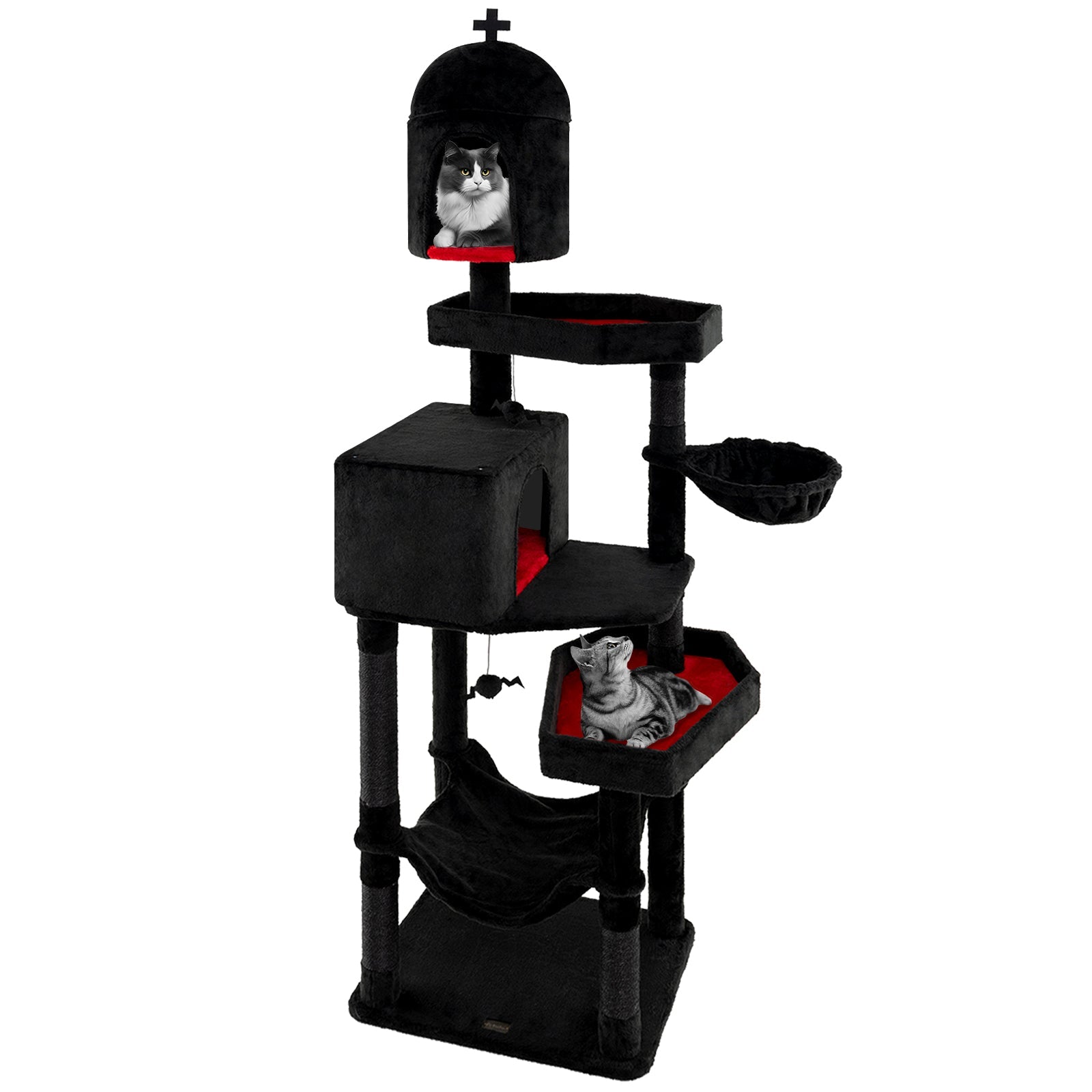 Cat Tree Gothic Tower 2 Condos and Coffin Bed Black Plush - Detail Angle 3 | Majestic Pet Kingdom