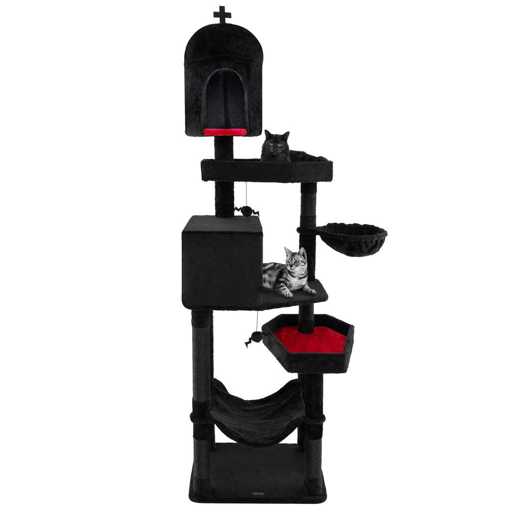 Gothic Cat Tree with 2 Cat Condos and Coffin Bed for Indoor Cats-Black - Majestic Pet Kingdom