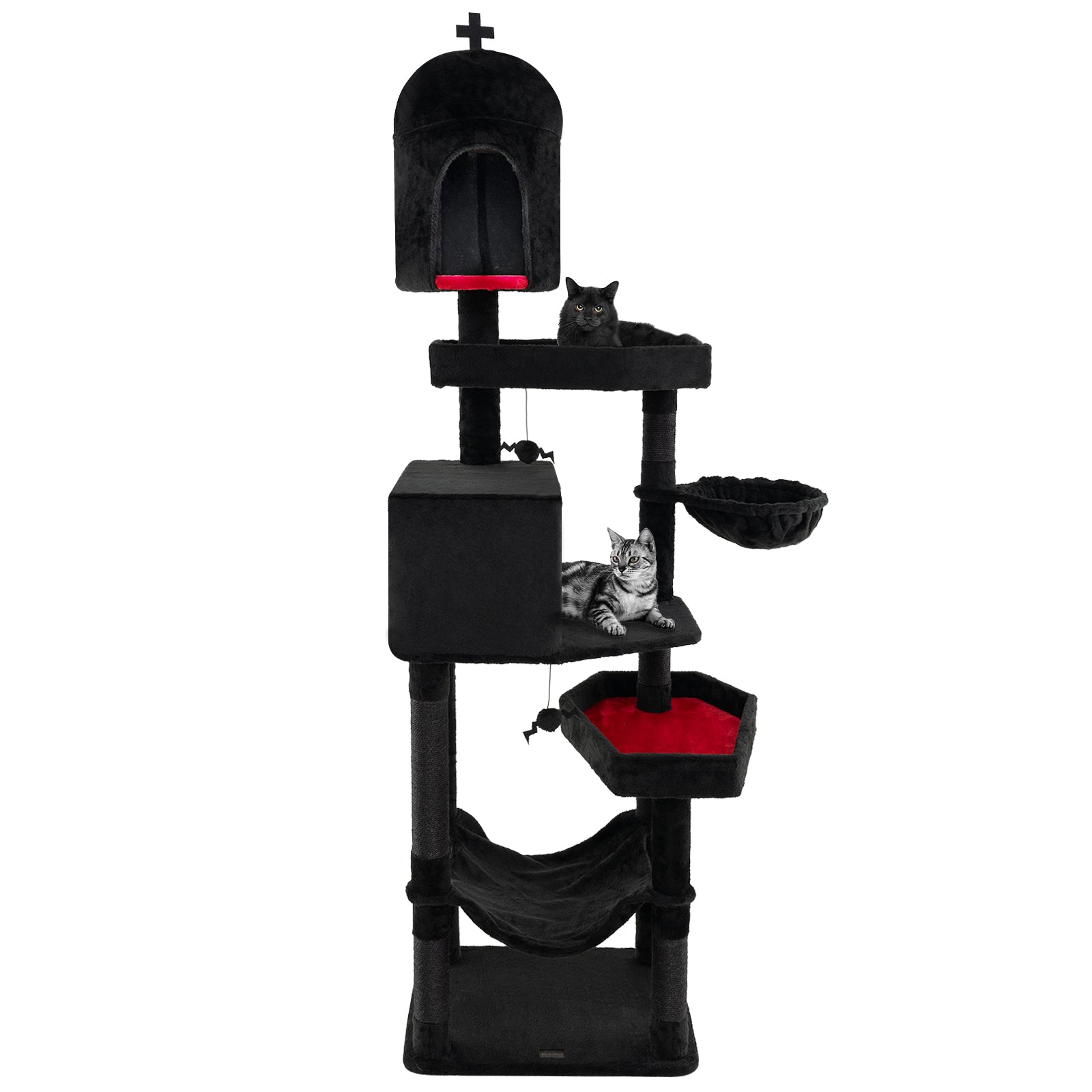 Cat Tree Gothic Tower 2 Condos and Coffin Bed Black Plush - Detail Angle 4 | Majestic Pet Kingdom