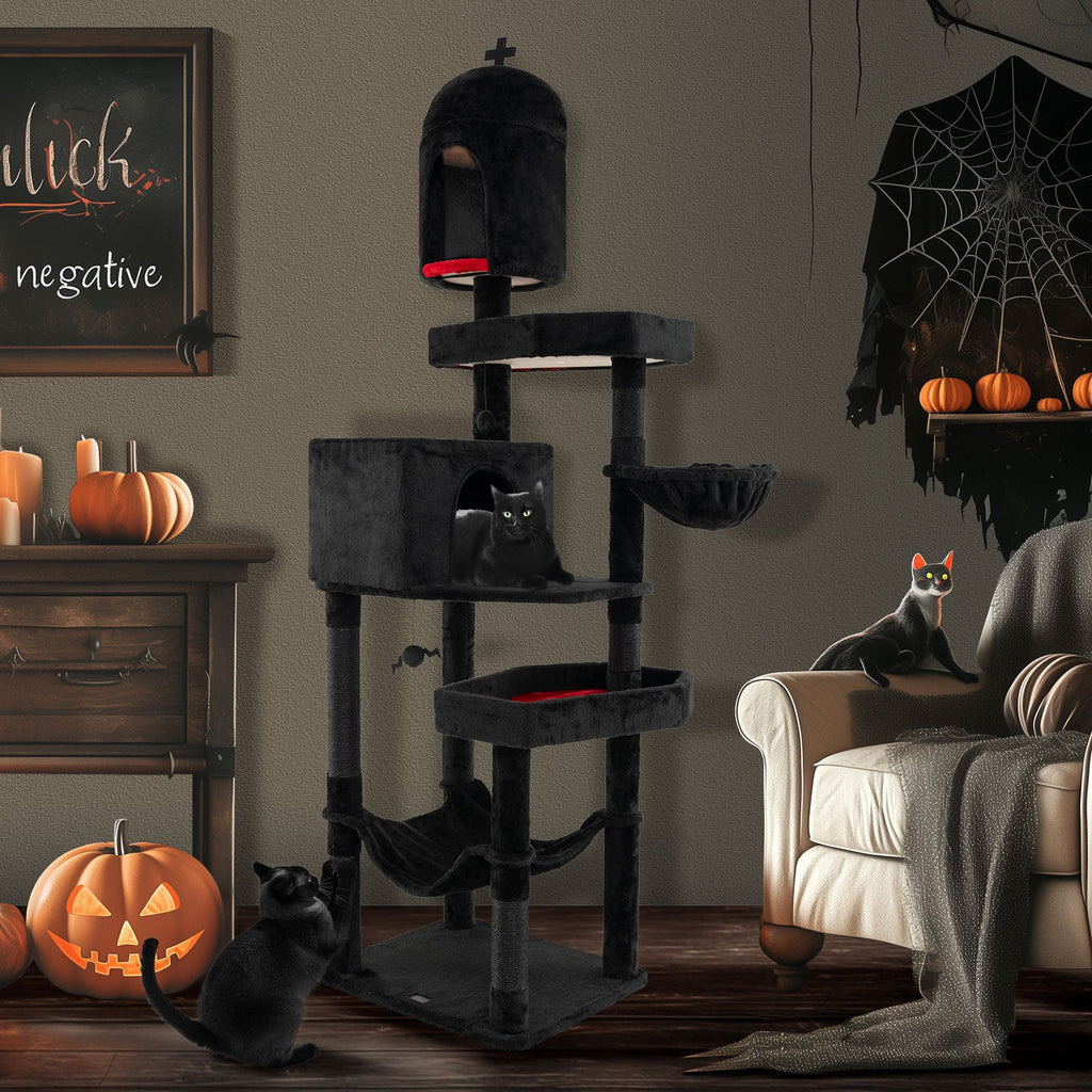 Gothic Cat Tree with 2 Cat Condos and Coffin Bed for Indoor Cats-Black - Majestic Pet Kingdom
