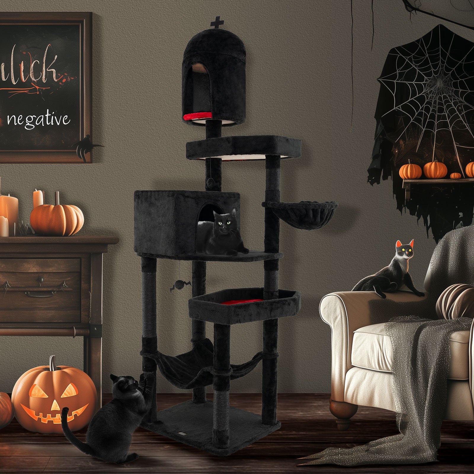 Gothic Cat Tree with 2 Cat Condos and Coffin Bed for Indoor Cats-Black - Majestic Pet Kingdom