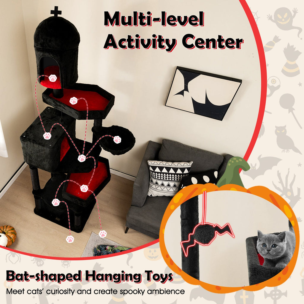 Gothic Cat Tree with 2 Cat Condos and Coffin Bed for Indoor Cats-Black - Majestic Pet Kingdom