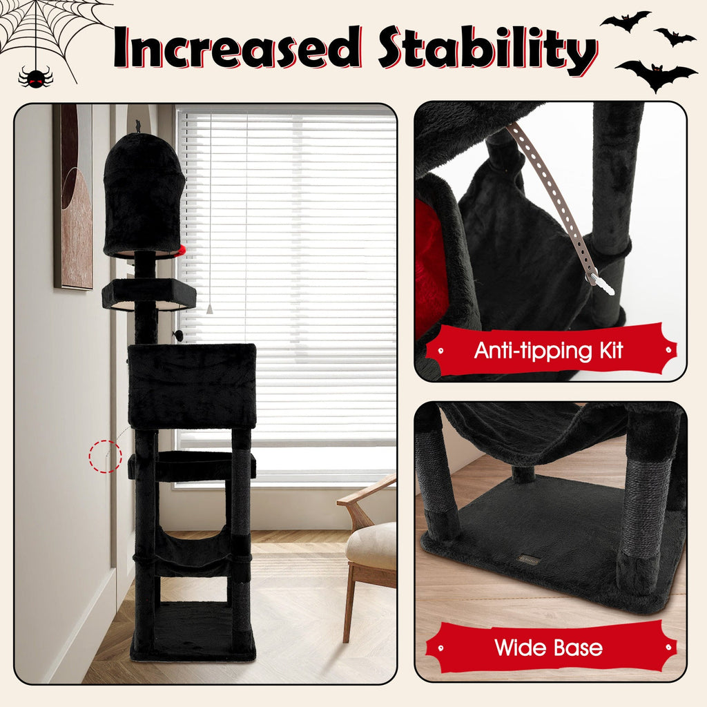 Gothic Cat Tree with 2 Cat Condos and Coffin Bed for Indoor Cats-Black - Majestic Pet Kingdom